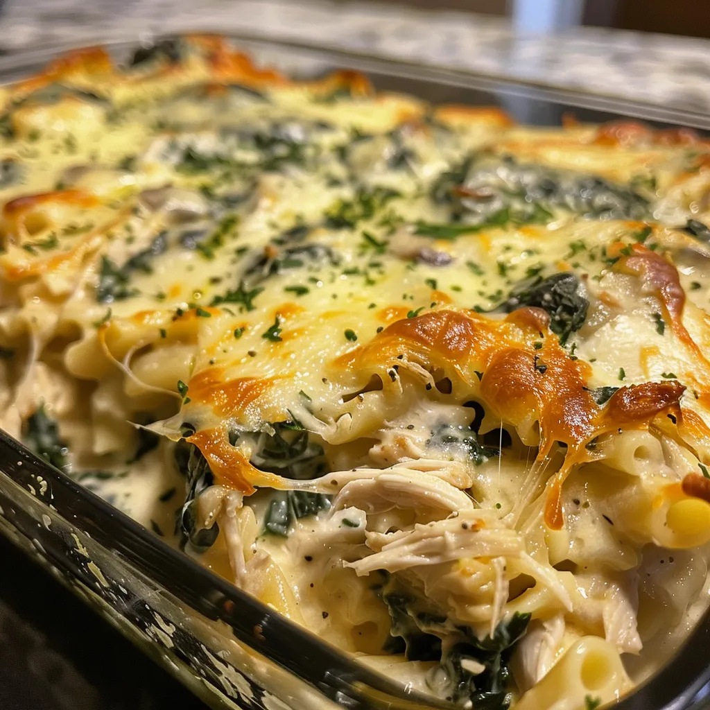 Creamy Chicken and Spinach Casserole with a golden brown top.