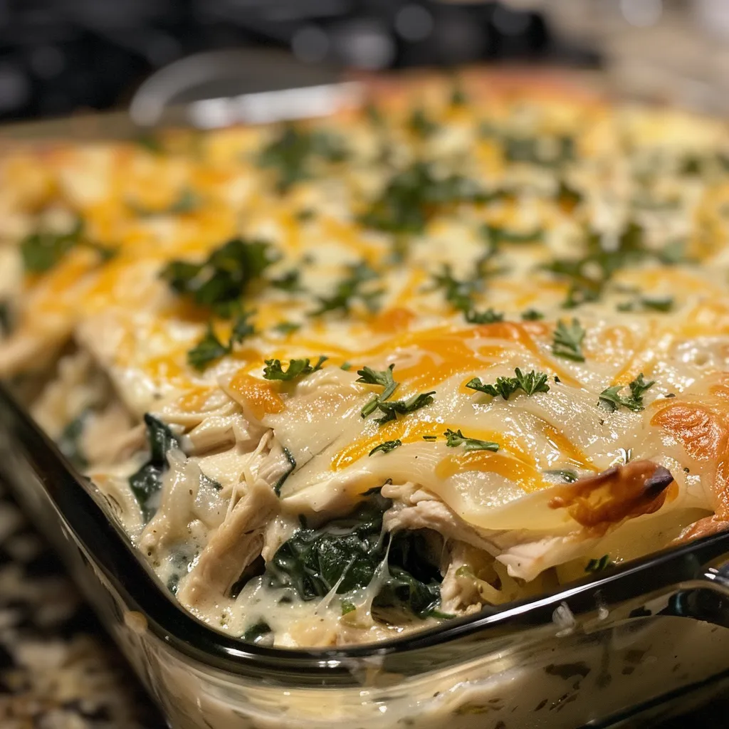 Close-up view of a steaming Creamy Chicken and Spinach Casserole dish.