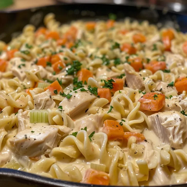 Close-up of a creamy chicken noodle skillet filled with noodles and vegetables.