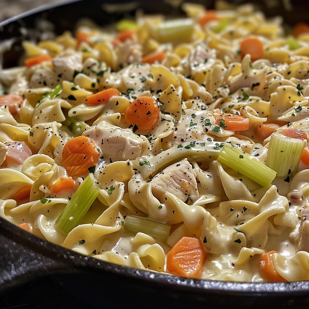 Side view of a hearty creamy chicken noodle dish with noodles, chicken, and carrots.