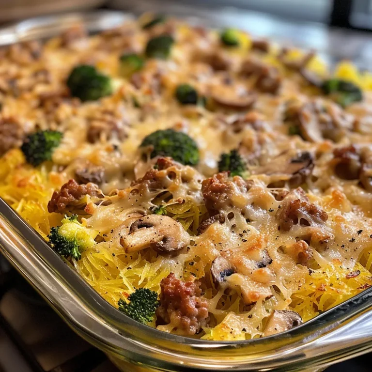 Creamy garlic spaghetti squash casserole with broccoli and mushrooms in a baking dish.