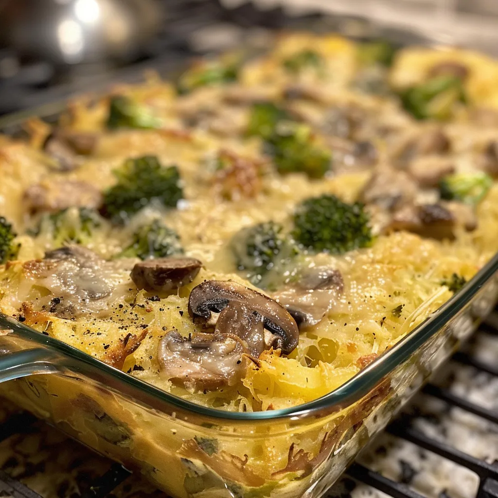 Close-up side view of a hearty casserole featuring spaghetti squash and Italian sausage.