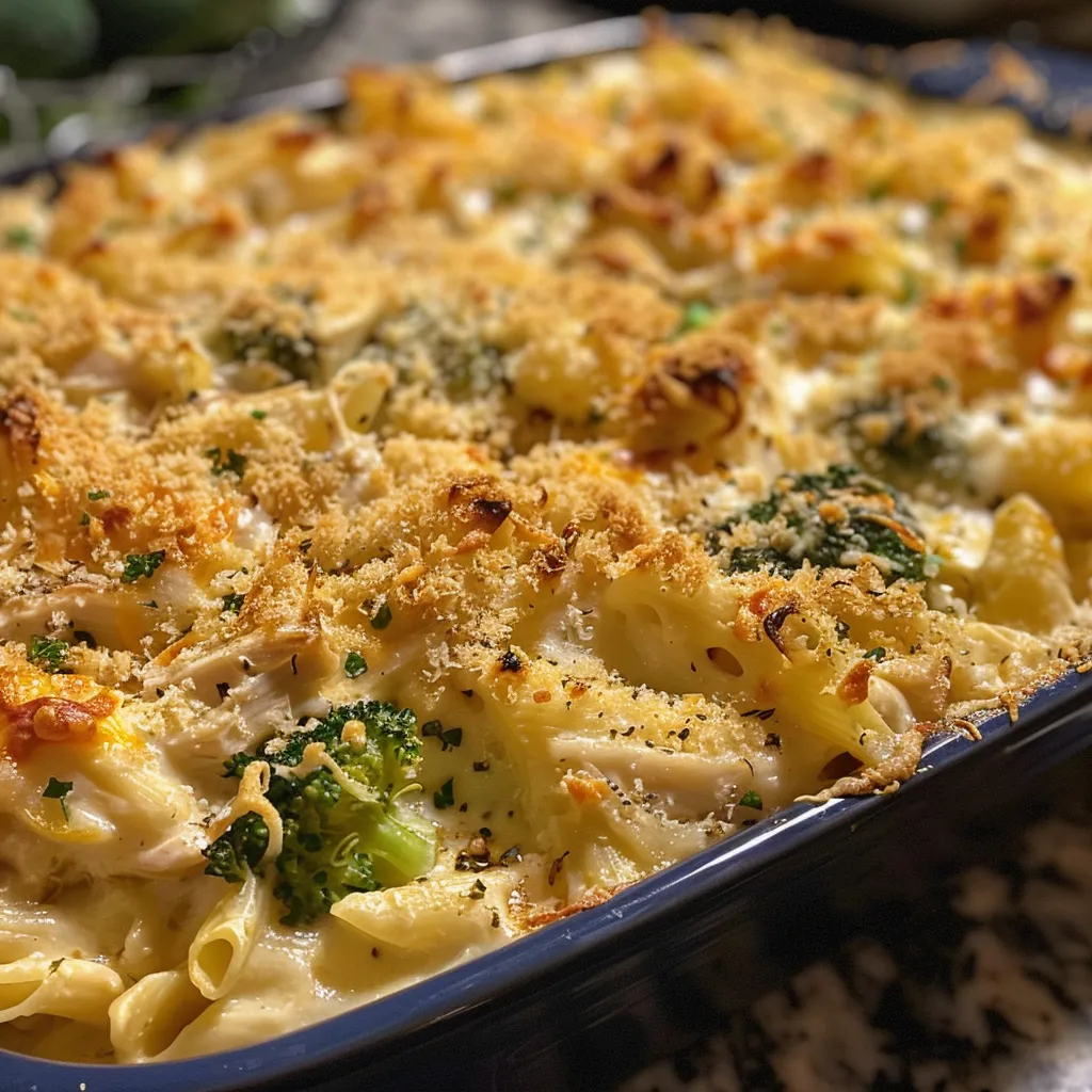 Side view of a delicious creamy chicken casserole with broccoli and a golden cheese topping.