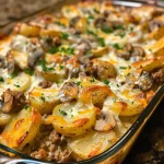 Close-up view of a creamy ranch ground beef and potato bake in a casserole dish.