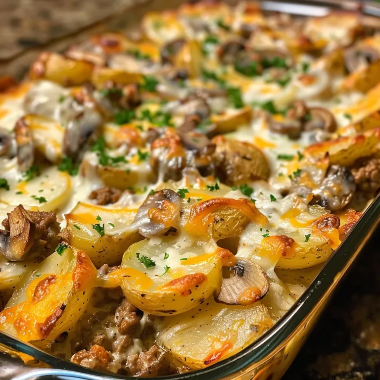 Close-up view of a creamy ranch ground beef and potato bake in a casserole dish.
