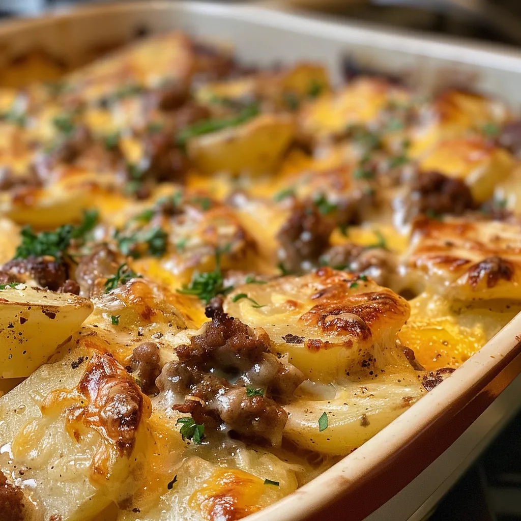 Side view of a baked dish featuring ground beef, potatoes, and melted cheese.