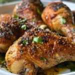Juicy, golden-brown baked chicken hindquarters with crispy skin.