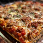Close-up view of a juicy Deep Dish Pizza Casserole, showcasing layers of cheese and toppings.