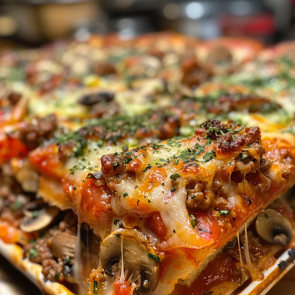 Side view of a delicious Deep Dish Pizza Casserole filled with ground beef, mushrooms, and melted cheese.