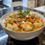 Close-up of a bowl filled with Dump-and-Bake Dumpling Red Curry, showcasing colorful vegetables and dumplings.