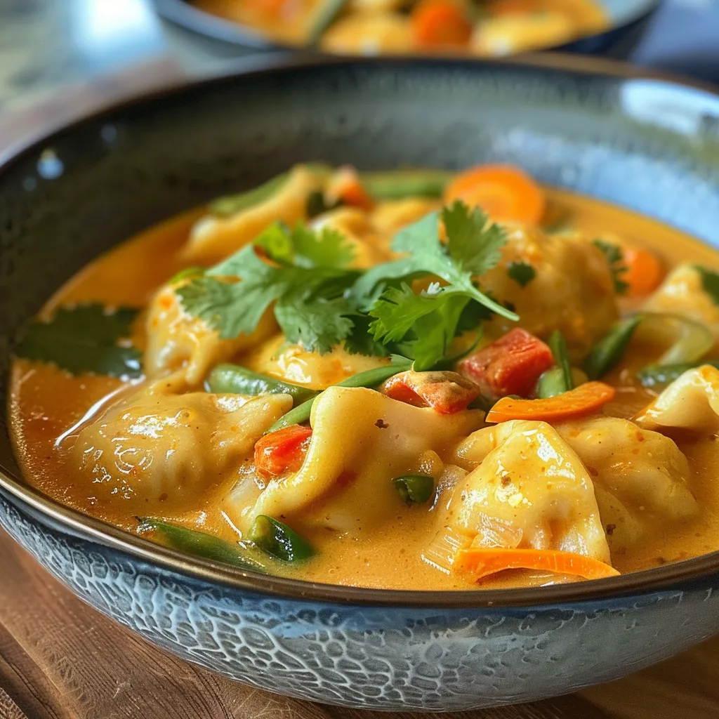 Side view of a creamy red curry with dumplings, featuring vibrant bell peppers, carrots, and snap peas.