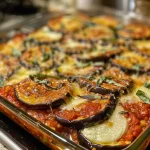 A close-up view of a delicious eggplant casserole, showcasing layers of eggplant, cheese, and sauce.