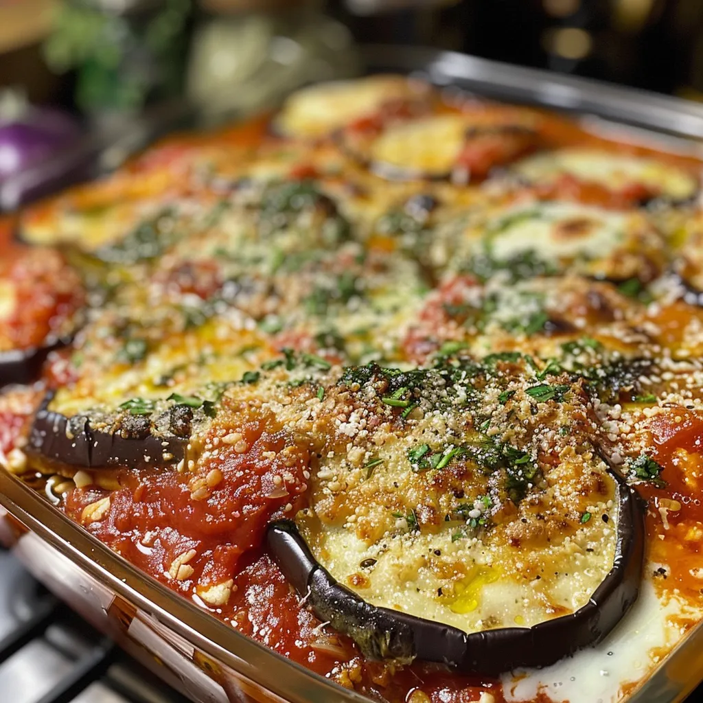 Side view of a juicy eggplant casserole, highlighting its golden brown top and bubbling texture.