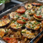 Close-up view of a baked eggplant and ground beef casserole served on a plate.