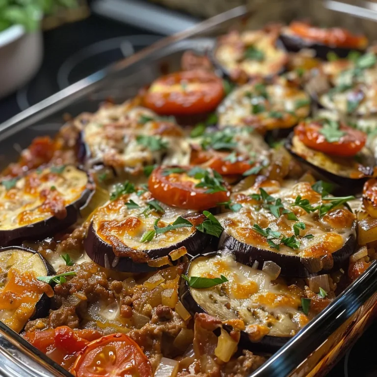 Close-up view of a baked eggplant and ground beef casserole served on a plate.