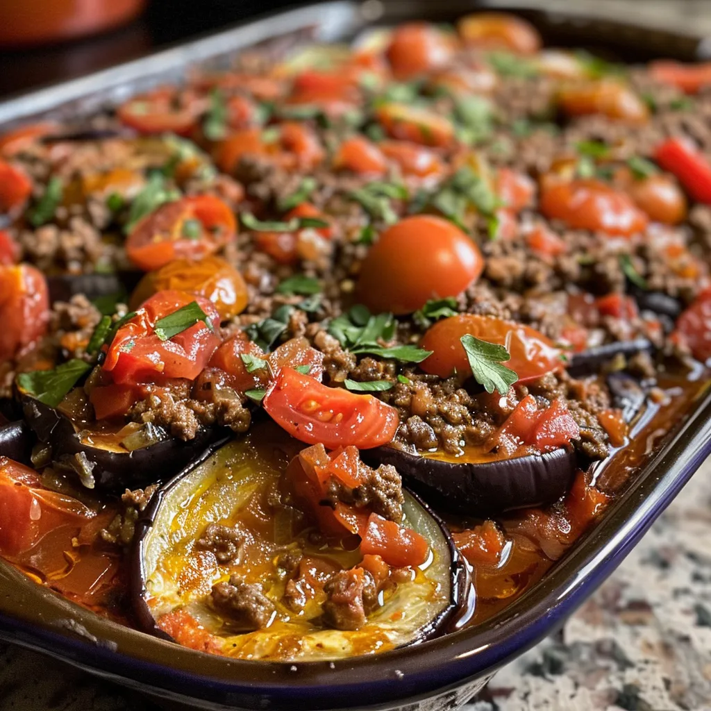 Side angle of a juicy eggplant ground beef casserole, showing layers of ingredients.