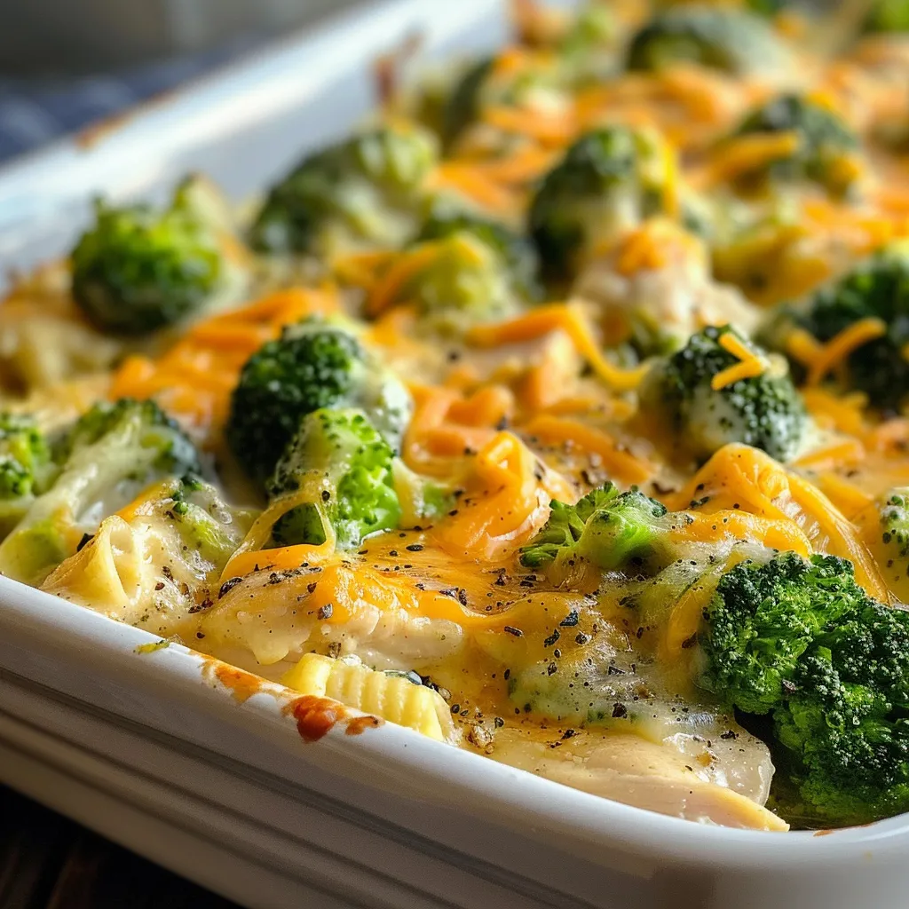 Juicy gluten-free broccoli cheese chicken casserole served in a dish, showcasing broccoli and chicken pieces.