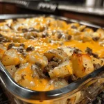 Close-up of a hearty gluten-free hamburger casserole with melted cheese on top.