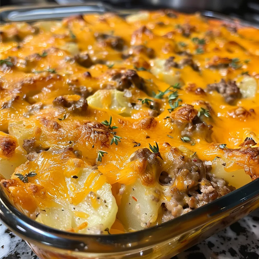 Side view of a golden-brown gluten-free casserole featuring layers of ground beef and potatoes.