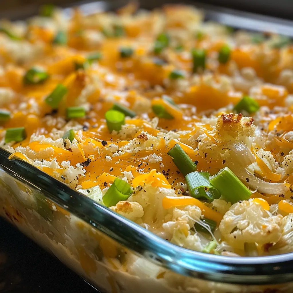 A close-up side view of a Green Chile Cauliflower Casserole topped with melted cheese.
