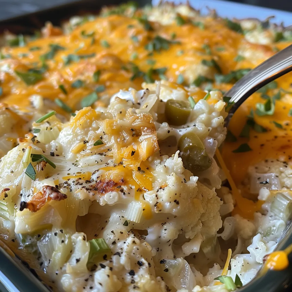 A delicious Green Chile Cauliflower Casserole in a baking dish, showcasing layers of cheese and vegetables.