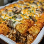 Close-up of a healthy tater tot casserole with golden crispy tops and visible ingredients.