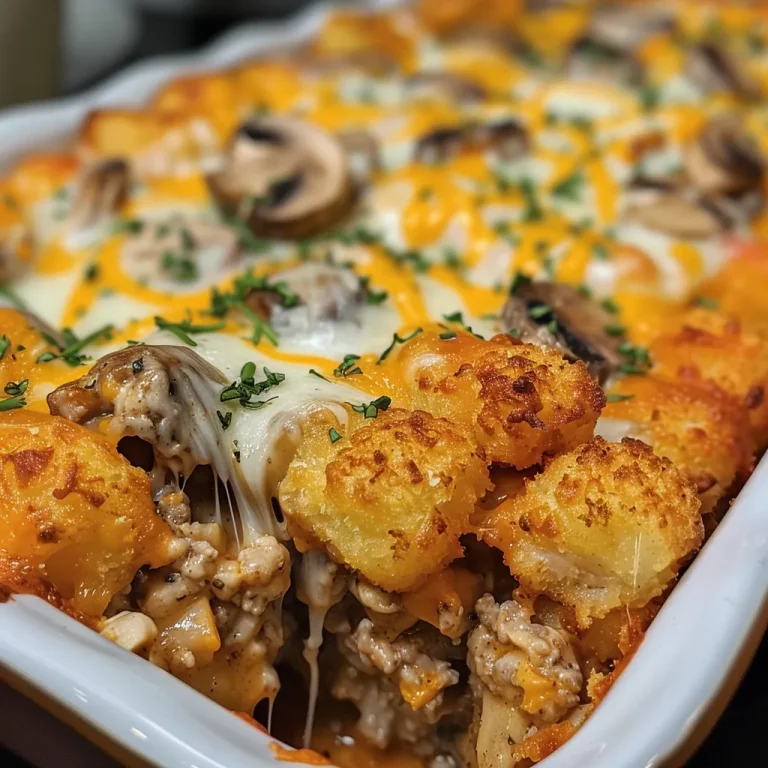 Close-up of a healthy tater tot casserole with golden crispy tops and visible ingredients.