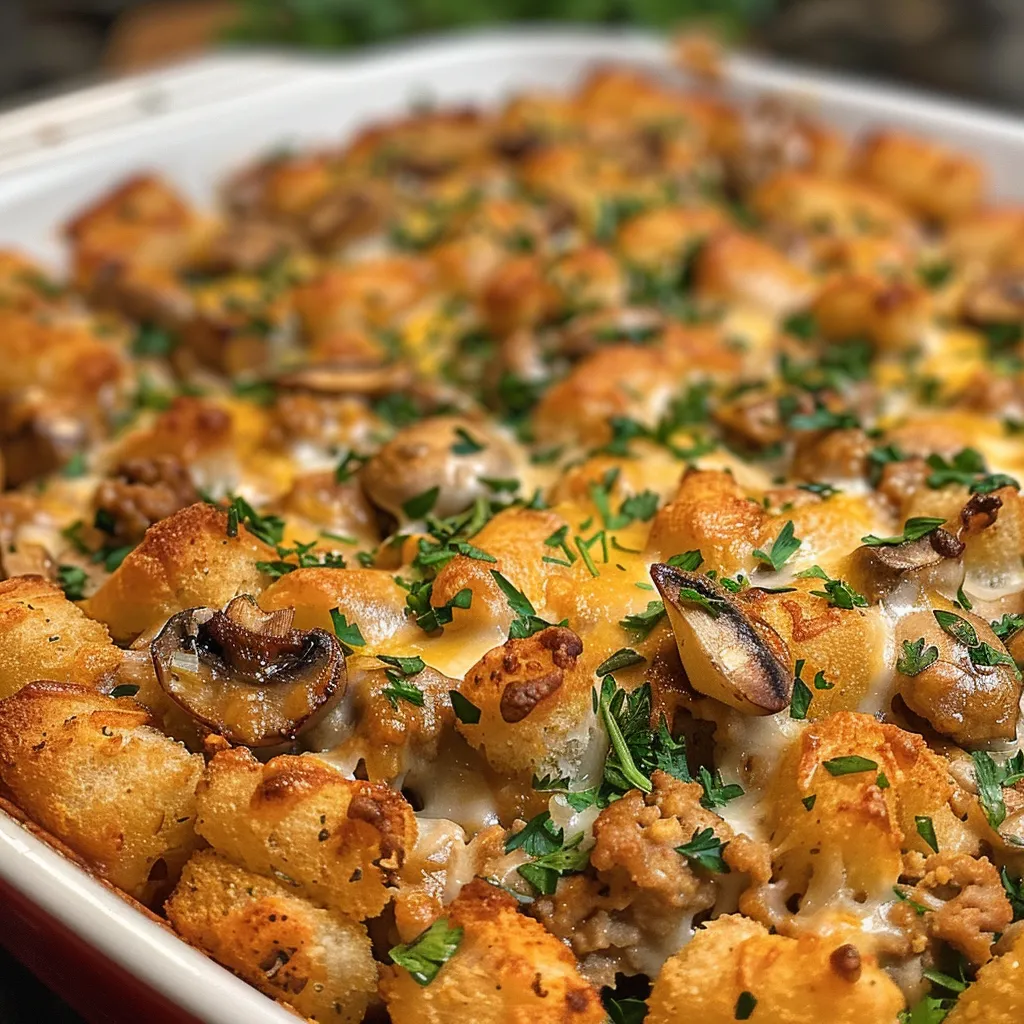 Side view of a juicy tater tot casserole, showcasing ground chicken and mushrooms.