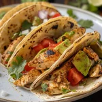 Close-up view of healthy baked chicken tacos topped with fresh ingredients.