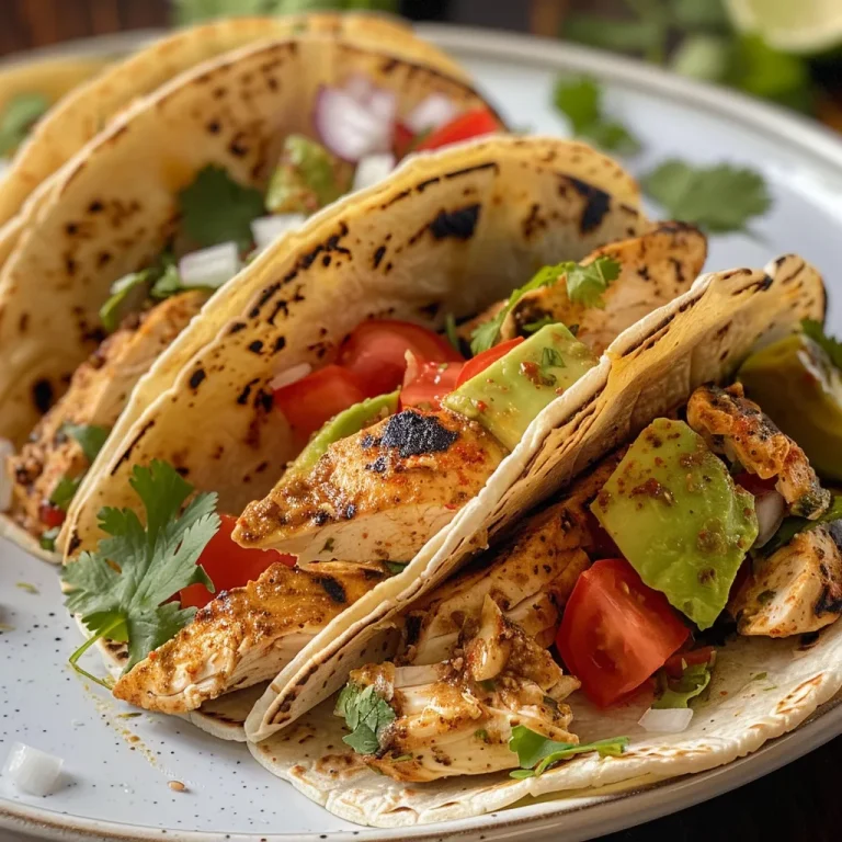 Close-up view of healthy baked chicken tacos topped with fresh ingredients.
