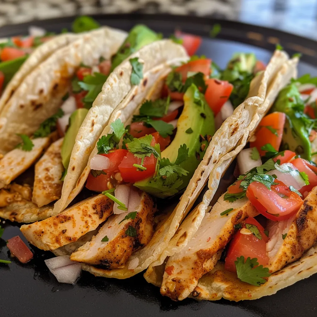 Juicy baked chicken tacos on a plate with avocado and diced tomatoes.