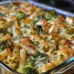 Close-up of a creamy chicken and broccoli pasta bake with melted cheese.