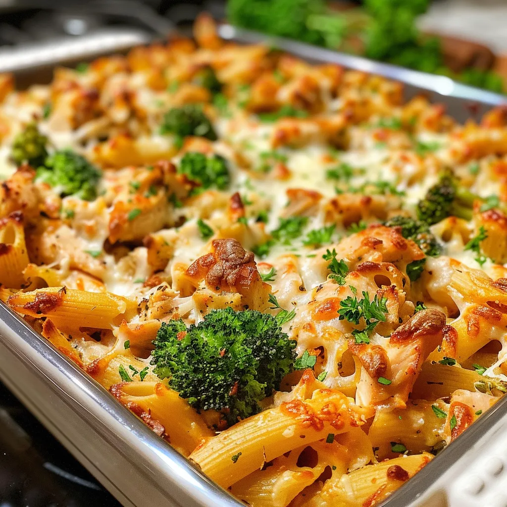 Side view of a healthy chicken and broccoli pasta dish in a baking dish.