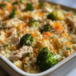 Close-up of a healthy chicken cauliflower casserole topped with melted cheese.
