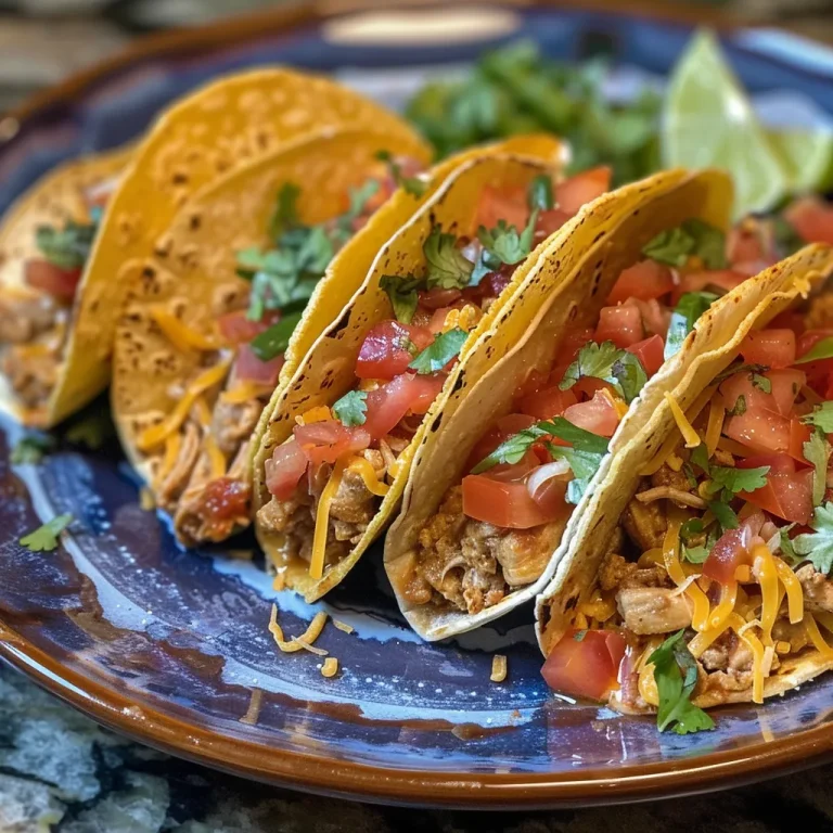 Close-up view of healthy oven-baked chicken tacos topped with cheese and colorful ingredients.