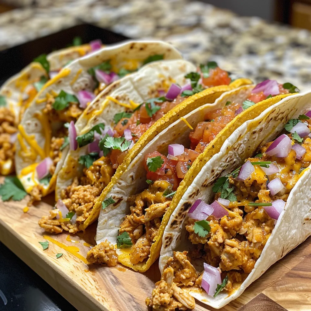 Side view of juicy chicken tacos in thin corn tortillas, garnished and ready to serve.