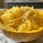 Close-up side view of a whole spaghetti squash on a wooden cutting board.
