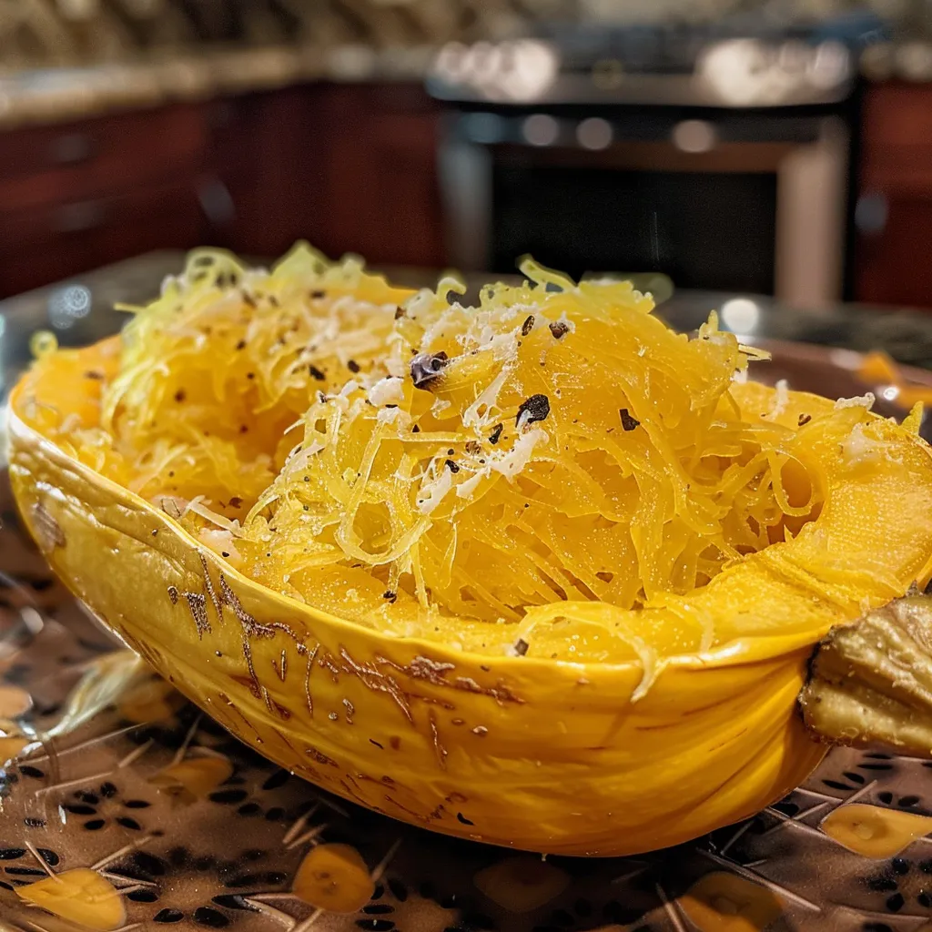 A fresh, uncut spaghetti squash resting on a kitchen countertop, illuminated by natural light.