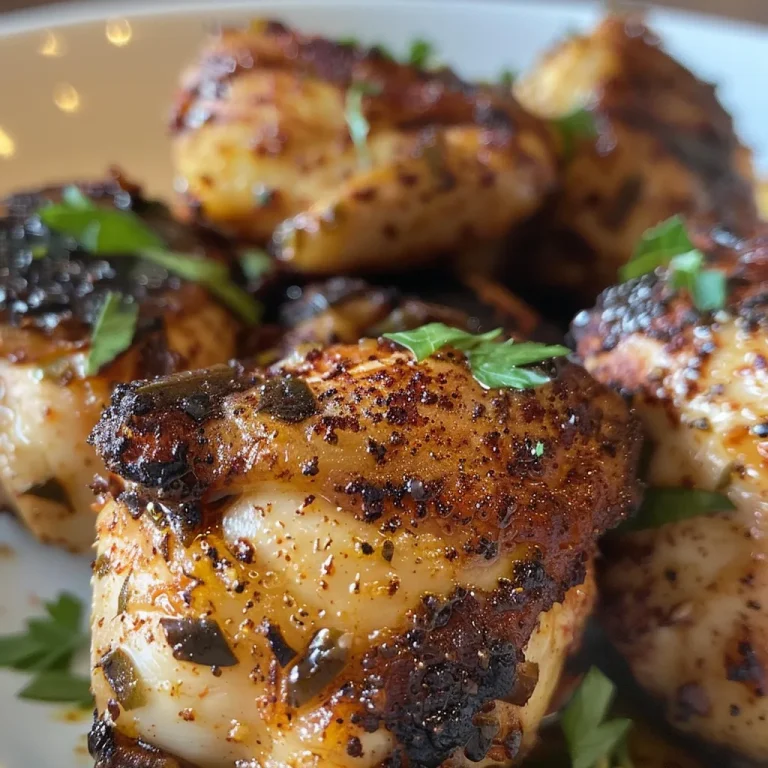 A close-up side view of juicy baked chicken bites on a white plate.