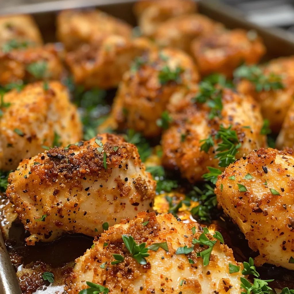 Succulent baked chicken pieces garnished with fresh parsley, showcasing texture.