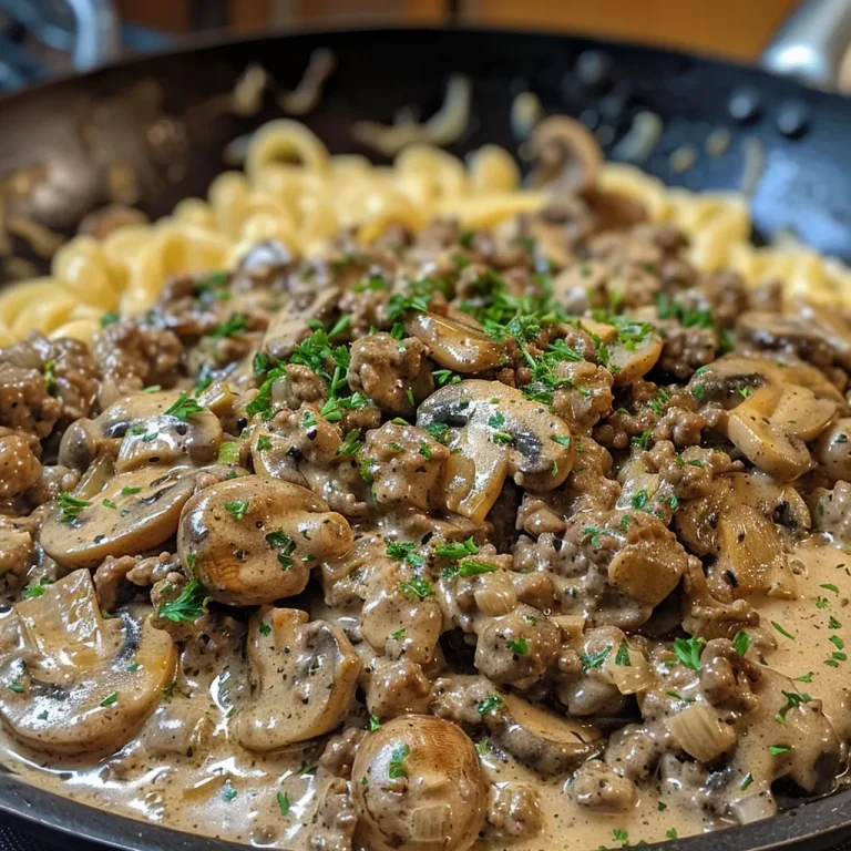 Close-up view of Keto Beef Stroganoff with creamy sauce and mushrooms.