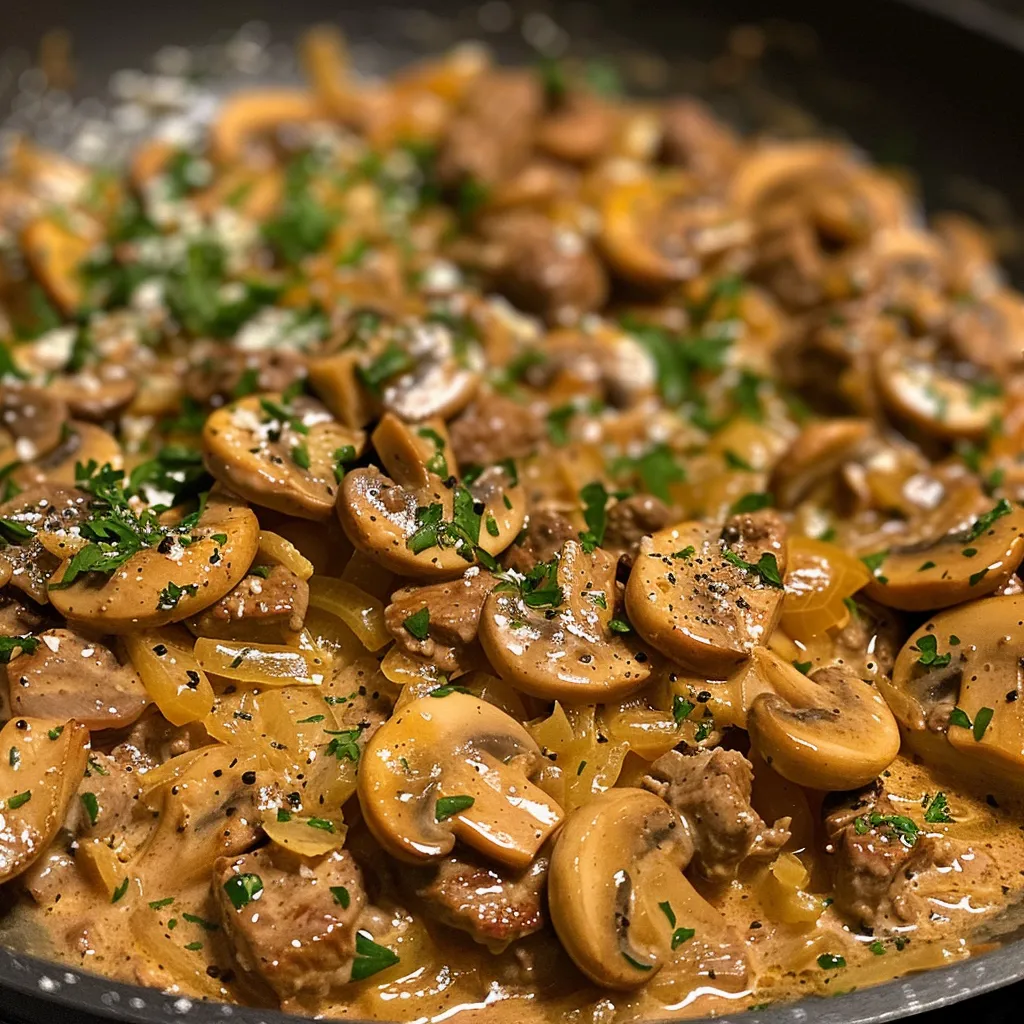 Side view of a bowl of Keto Beef Stroganoff, showcasing ground beef and onions.