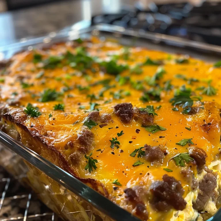 Close-up of a golden-brown Keto Breakfast Casserole with visible sausage and cheese layers.