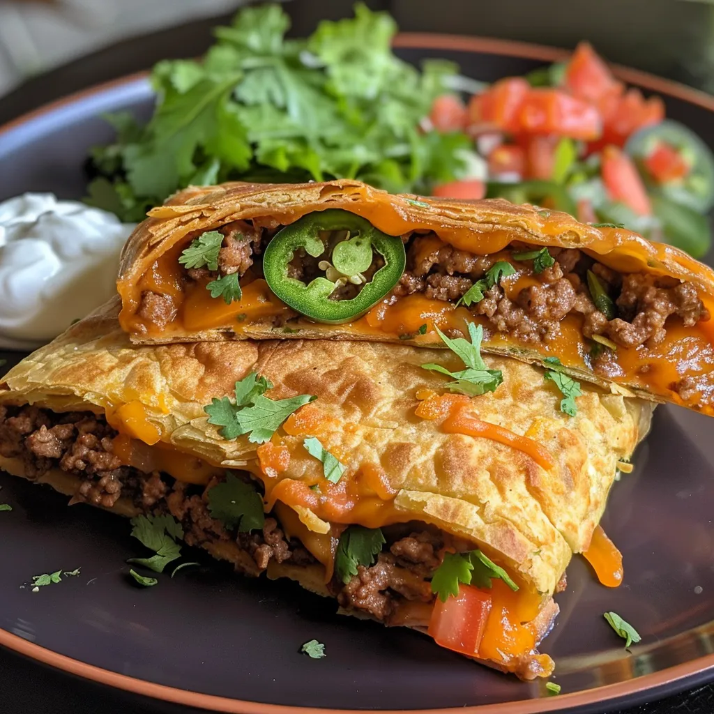 Side view of a delicious Keto Crunchwrap filled with meats and cheeses.
