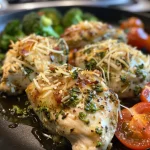 Juicy Keto Garlic Chicken with broccoli and spinach on a white plate.