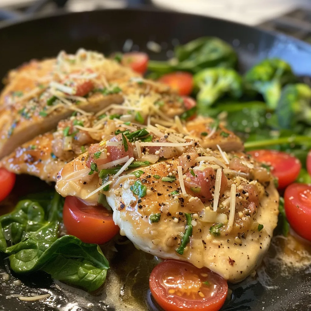 Close-up of a serving of Keto Garlic Chicken alongside vibrant green broccoli and spinach.
