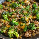 Close-up of a delicious Keto ground beef skillet with broccoli, featuring melted cheese and fresh parsley.