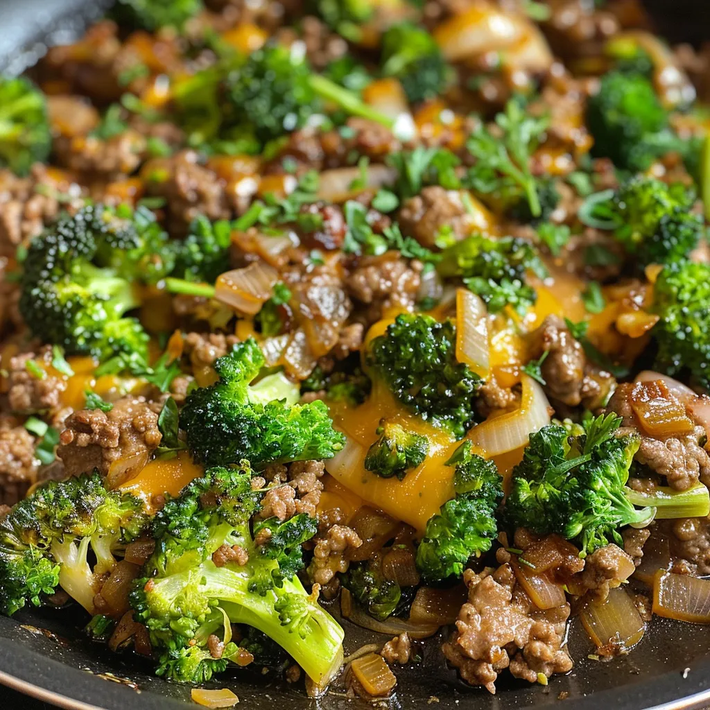Close-up of a delicious Keto ground beef skillet with broccoli, featuring melted cheese and fresh parsley.