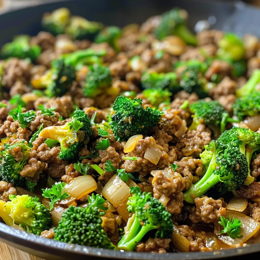 Juicy ground beef mixed with broccoli in a skillet, garnished with cheddar cheese, viewed from the side.
