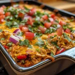 Close-up view of a juicy Keto Mexican Casserole topped with melted cheese and fresh cilantro.